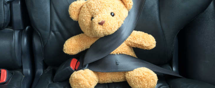 Teddy bear fastened in the back seat of a car