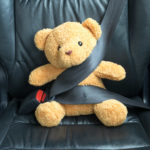 Teddy bear fastened in the back seat of a car