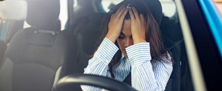 Stressed woman drive car feeling sad and angry. Girl tired, fatigue mental on car. Sleepy and drunk female hangover. Illegal law driver license. Driving when tired and do not drive drowsy concept