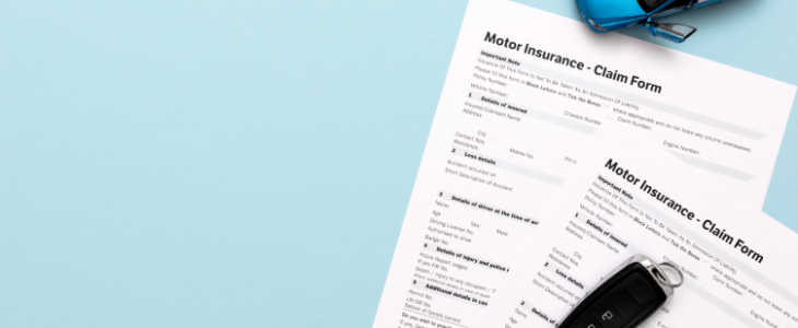 Car insurance, insurance contract and car keys on a blue background