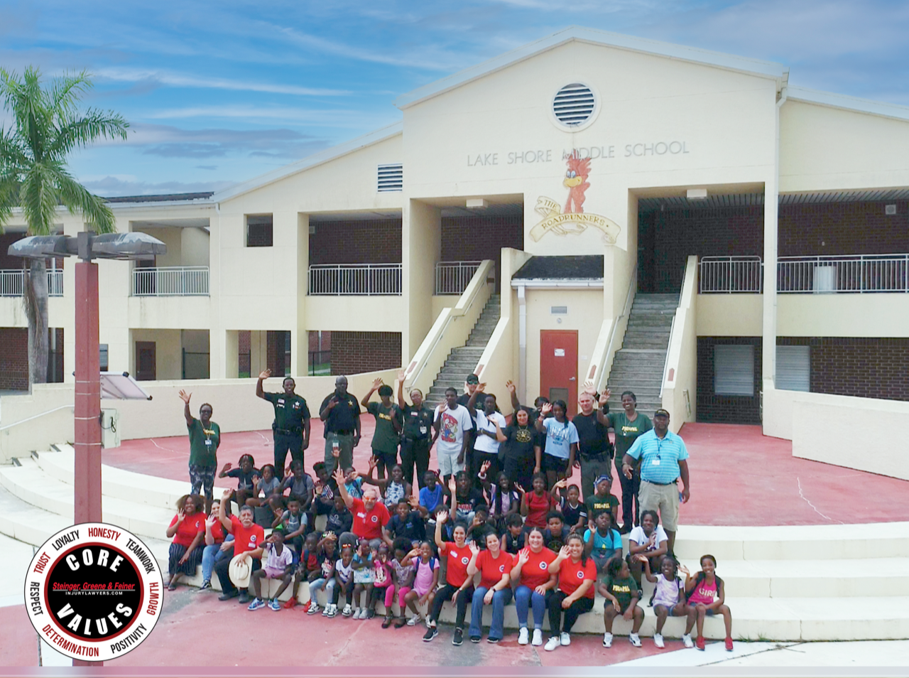 Students, employees and The Palm Beach County Sheriff’s Foundation outside of Lake Shore Middle School