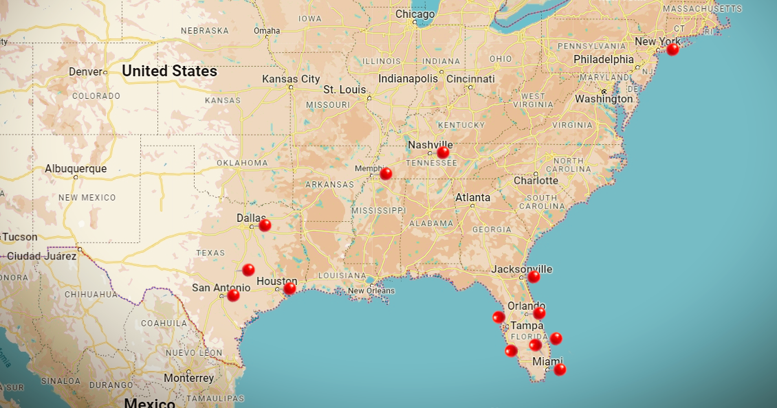 Map of Locations Steinger, Greene & Feiner services, with pins on Florida, Tennessee, Texas and New York.